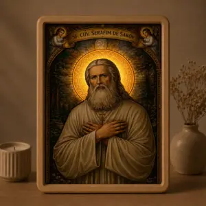 Icoana Sf. Serafim de Sarov Luminată stil Vitraliu