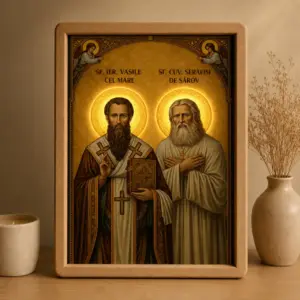 Icoana Sf. Vasile cel Mare și Sf. Serafim de Sarov Luminată stil Bizantin