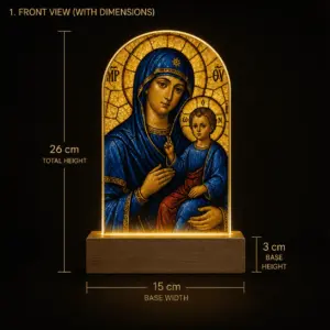 Icoană luminoasă Maica Domnului cu Pruncul, lemn și plexiglas, 26 cm