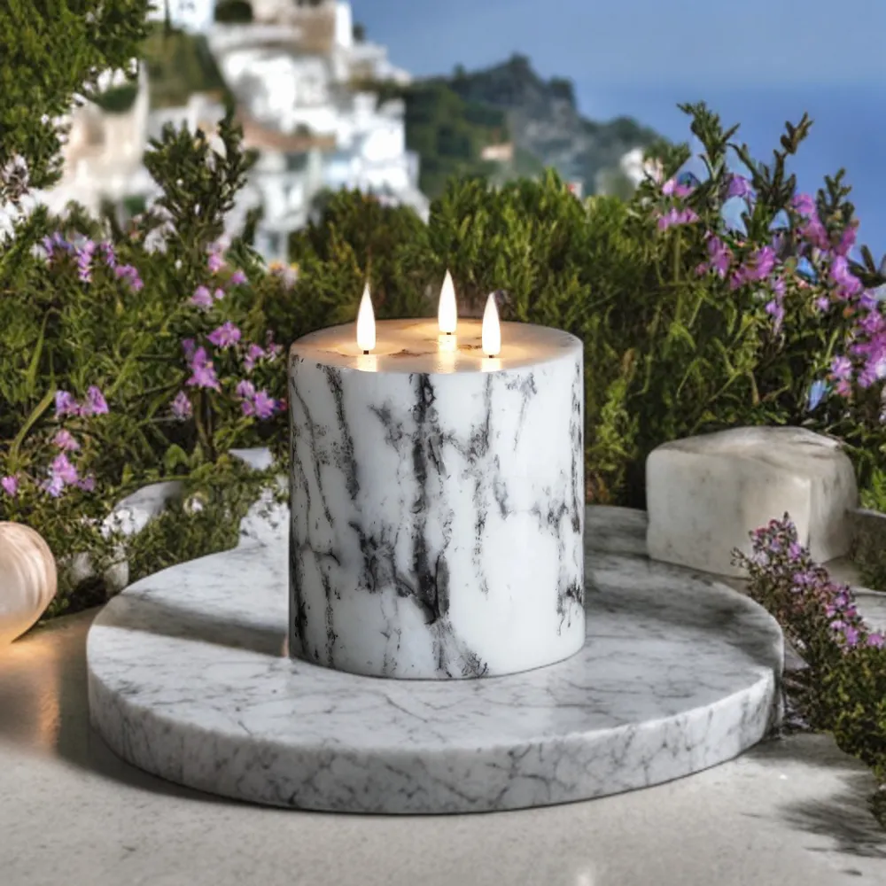 Lumanare Mare LED cu Aspect Marmorat 3 Flacari, Lumina Calda, cu Baterii - imagine 4