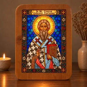 Icoana Sf. Mc. Ciprian Episcopul Cartaginei Luminată stil Vitraliu